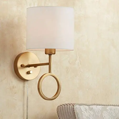 Amidon Wall Lamp Plug in Warm Brass Ring White Drum Shade for Bedroom Living Room Reading - 360 Lighting