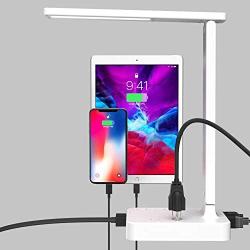 COZOO LED Desk Table Lamp with 3 USB Charging Ports and 2 AC Outlets Power Strip, 3 Lighting Models with 3 Brightness Levels, 1h Timer, Touch Dimmer Control,Eye Protection Foldable Reading Light,White