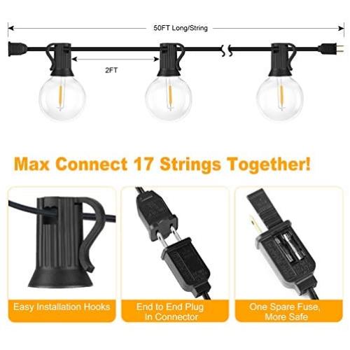 100ft 2-Pack Outdoor G40 LED Globe String Lights Dimmable Waterproof Shatterproof Light Strings with 52 Bulbs Connectable Commercial Hanging Lights for Christmas Patio House Backyard Balcony Party
