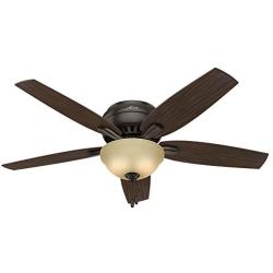 Hunter Newsome Indoor Low Profile Ceiling Fan with LED Light and Pull Chain Control, 52'', Premier Bronze