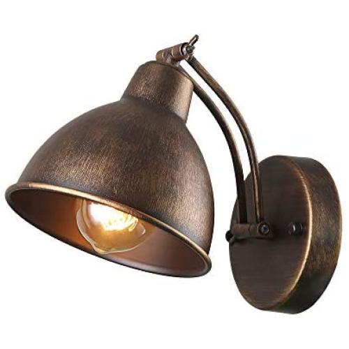 Anmytek Adjustable Swing Wall Lamp Arm Metal Wall Light Sconce with Metal Cover Old Gold Finish Bedroom Reading Lights Industrial Edison Sconce Lighting Fixtures 1-Light (W0042)