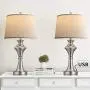 Oneach Modern USB Table Lamps Set of 2 for Living Room Bedroom 24.5“ Brushed Nickel Bedside Nightstand Lamps with Fabric Lampshade Silver