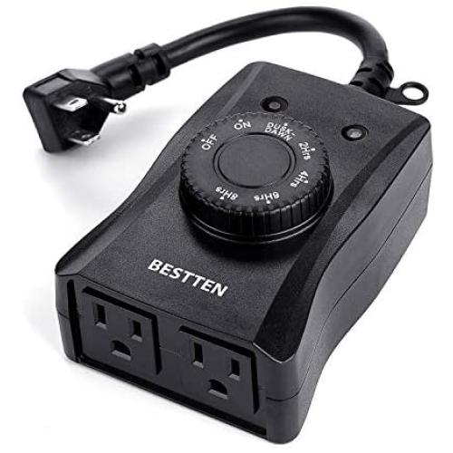 BESTTEN Outdoor Timer with Photocell Light Sensor and 2 Grounded Outlets, Dusk to Dawn and Countdown Modes, Weatherproof Plug In Switch for Holiday Decoration, Christmas Lights and Outdoor Lighting