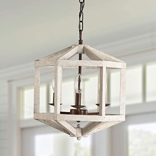 Retro Cottage Wooden Chandelier with 3-Light, Lantern Design, Distressed White Wood Pendant Light for Dining Room, Living Room, Foyer