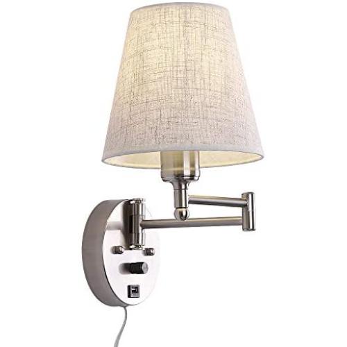 Bedside Wall Mount Light with Dimmable Switch and USB Port, Swing Arm Fabric Shade Wall Sconce Light with Plug in Cord, Wall Lamp Perfect for Bedroom, Living Room and Hotel