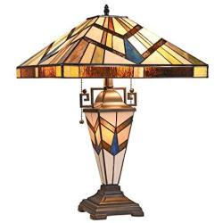 Capulina Tiffany Table Light, 3-Light Tiffany Style Table Lamp with Night Light, W16'' X H24'' Mission Style Stained Glass Table Lamp, Double Lit Tiffany Style Desk Lamp for Living Room, Bedroom