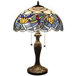 Tiffany Table Lamp Blue Lotus Stained Glass Style Shade Reading Light W16H24 Inch Tall S220 WERFACTORY Lamps Parent Lover Friend Kid Living Room Bedroom Study Office Coffee Bar Desk Art Craft Gift