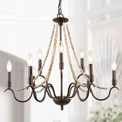 LALUZ Farmhouse Chandelier Wood Beaded Lighting for Dining Room, 28” L x 25.5” H, Bronze