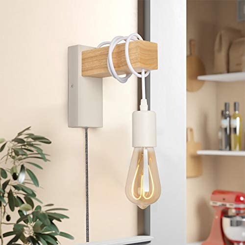 LUSTORM Plug in Wall Lamp Wooden Wall Sconce, White Wall Light Sconce with Cord Mounted Fixture for Bedroom Living Room Bedside Reading Lamp(Bulb Excluded)