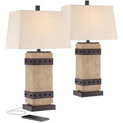 Silas Rustic Table Lamp Set of 2 Faux Wood Faux Iron Off White Tapered Rectangular Shade for Living Room Bedroom Bedside Nightstand Office Family - John Timberland