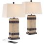 Silas Rustic Table Lamp Set of 2 Faux Wood Faux Iron Off White Tapered Rectangular Shade for Living Room Bedroom Bedside Nightstand Office Family - John Timberland