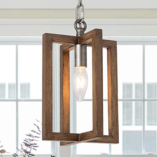 Pendant Light, Small Chandelier in Wood and Antique Silver Metal Finish, Farmhouse Light Fixture for Kitchen Island, Foyer, Hallway, Dining Room