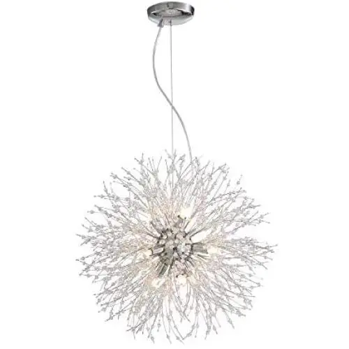 CROSSIO Dandelion Firework Crystal Chandelier Sputnik LED Lighting Stainless Steel Pendant Ceiling Light Fixture for Dining Room Kitchen Island Bedroom (Silver, 19.6 Inch)