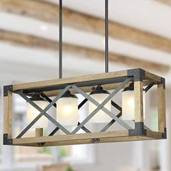 Derksic 4-Light Kitchen Island Lighting Rectangular Wood Farmhouse Chandelier Linear Pendant Light Fixture with Frosted Glass Shade for Dining Room Living Room, 24”