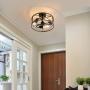 PUSU Ceiling Light 3E26 Light Fixture Diameter 14.2'' with Wooden Cage and Matte Black Base Kitchen Ceiling Light for Kitchen Living Room Dining Room Bedroom Hallway