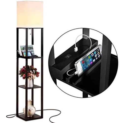 Brightech Maxwell Charger - Shelf Floor Lamp with USB Charging Ports and Electric Outlet - Tall, Narrow Tower Nightstand for Bedroom - Modern, Asian End Table with Light Attached - Black