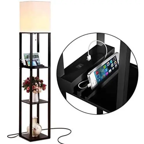 Brightech Maxwell Charger - Shelf Floor Lamp with USB Charging Ports and Electric Outlet - Tall, Narrow Tower Nightstand for Bedroom - Modern, Asian End Table with Light Attached - Black