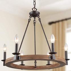 LALUZ Farmhouse Chandeliers for Dining Rooms, 23'' Wood Wagon Wheel Chandelier, Rustic Dining Room Lighting Fixtures Hanging