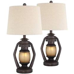 Horace Rustic Farmhouse Table Lamps Set of 2 with Nightlight Miner Lantern Brown Oatmeal Tapered Drum Shade for Living Room Bedroom Bedside Nightstand Office Family - Franklin Iron Works