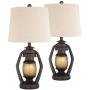 Horace Rustic Farmhouse Table Lamps Set of 2 with Nightlight Miner Lantern Brown Oatmeal Tapered Drum Shade for Living Room Bedroom Bedside Nightstand Office Family - Franklin Iron Works