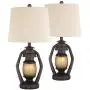 Horace Rustic Farmhouse Table Lamps Set of 2 with Nightlight Miner Lantern Brown Oatmeal Tapered Drum Shade for Living Room Bedroom Bedside Nightstand Office Family - Franklin Iron Works
