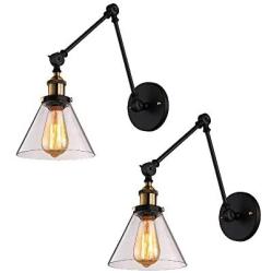 Swing Arms Wall Sconces - BAYCHEER Industrial Vintage Adjustable 2 Arms Wall Lights Lamp Fixtures with Cone Clear Glass Shade E26 Bulb Base Bedroom Reading Room Restaurant LOFT in Black, 2 Packs