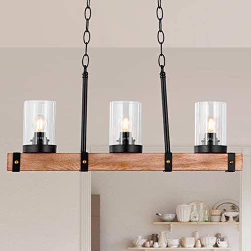 3-Lights Wooden Farmhouse Kitchen Island Lighting, Industrial Hanging Pendant Light Fixtures for Dinning Table, Bar, Dinning Room