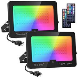 Onforu 2 Pack 100W RGB Flood Light, LED Color Changing Floodlight with 44 Keys Remote, IP66 Waterproof Outdoor Dimmable Wall Washer Light with 20 Colors, Timing and Memory Function for Garden,Indoor