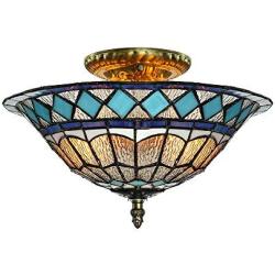 LITFAD Tiffany Stained Glass Style Ceiling Lamp Blue Diamond Pattern 12 Inch Flush Mount Ceiling Light LED 2 Lights Pendant Lighting for Dining Room Bedroom Corridor