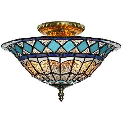 LITFAD Tiffany Stained Glass Style Ceiling Lamp Blue Diamond Pattern 12 Inch Flush Mount Ceiling Light LED 2 Lights Pendant Lighting for Dining Room Bedroom Corridor