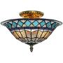 LITFAD Tiffany Stained Glass Style Ceiling Lamp Blue Diamond Pattern 12 Inch Flush Mount Ceiling Light LED 2 Lights Pendant Lighting for Dining Room Bedroom Corridor