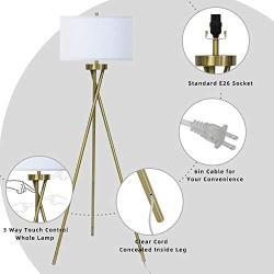 JIOSXC Touch Control Tripod Floor Lamp with White Linen Shade, Mid Century Standing Lamp, Modern Design Studying Light for Living Room Bedroom Study Room Office 3 Way Bulb Included (antiquer Brass)