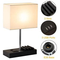 USB Table Lamp, Briever Multi-Functional Desk Lamp with 3 USB Charging Ports and Phone Charge Dock, Black Wood Charging Station and Organizer, Perfect Light for Bedroom,Guest Room,Living Room,Office