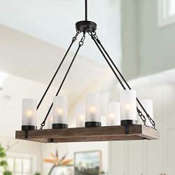 GEPOW Farmhouse Wood Chandelier, Rectangular Kitchen Island 8 Light Fixture with Frosted Glass Shades for Dining Room, Bedroom and Foyer