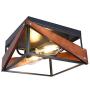 Industrial Flush Mount Light Fixture Two-Light Metal and Wood Square Flush Mount Ceiling Light for Hallway Living Room Bedroom Kitchen Entryway Farmhouse, Black