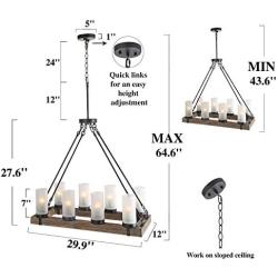 LNC Farmhouse Wood Chandelier Rustic Rectangular Light Fixture with Frosted Glass Shade for Kitchen Island, Dining & Living Room and Bedroom,Large