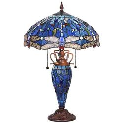 Capulina Tiffany Table Light, 3-Light Tiffany Style Table Lamp with Night Light, Beautiful Dragonfly Style Stained Glass Table Lamp, W15.9'' X H24'' Double Lit Tiffany Style Desk Lamp for Living Room