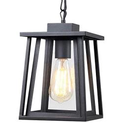 Jazava Outdoor Pendant Light One-Light Hanging Lantern, Exterior Hanging Lights for Porch, Matte Black Finish with Highlights and Clear Glass for House Entryway