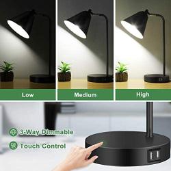 Industrial Touch Control Desk Lamp with 2 USB Ports and AC Outlet 3-Way Dimmable Table Lamp with Flexible Head Beside Nightstand Black Metal Task Light for Office Bedroom Living Room LED Bulb Included