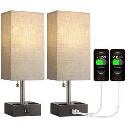 OYEARS Table Lamps Set of 2 Built in Dual USB Charging Port Bedside 15.5“ Table Lamp with Dual AC Power Outlets for Bedroom Living Room Office Study Room Linen Fabric Shade