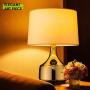 Gold Plating Metal Table Lamp, LMS 21” Classic Bedside Lamp with Linen Drum Lampshade, Modern Nightstand Lamps for Living Room, Bed Room, Dining Room, LMS-044