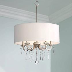 Georgiana Brushed Nickel Pendant Chandelier 20 1/4'' Wide Modern Clear Crystal Off White Drum Shade 5-Light Fixture Dining Room House Island Entryway Bedroom Living Room - Possini Euro Design