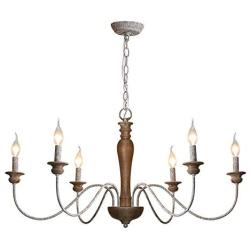 Large Farmhouse Chandeliers for High Ceilings 36 Inch, French Country pendent Lighting, Wooden Column, 6 Rustic Metal Gut Hook Light Arms, Candle Stems D36 H19 inch