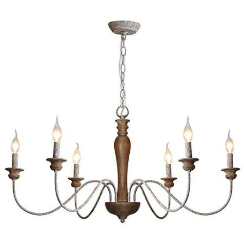 Large Farmhouse Chandeliers for High Ceilings 36 Inch, French Country pendent Lighting, Wooden Column, 6 Rustic Metal Gut Hook Light Arms, Candle Stems D36 H19 inch
