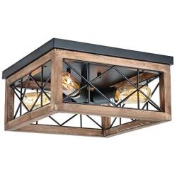 Eyassi Wood Flush Mount Ceiling Lights, 4-Lights Farmhouse Close to Ceiling Lighting Fixtures Black Wooden Ceiling Lamp for Kitchen Island Living Room Bedroom Hallway Laundry Entryway