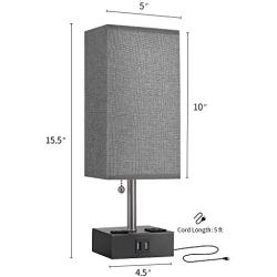 OYEARS Table Lamps Set of 2 Built in Dual USB Charging Port Bedside 15.5” Table Lamp with Dual AC Power Outlets for Bedroom Living Room Office Study Room Grey Fabric Shade