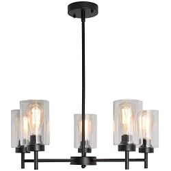 KOSTOMO 5 Light Black Chandeliers Contemporary Hanging Industrial Vintage Pendant Lights Modern Lighting Fixtures with Clear Glass Shade for Dining Room Bedroom