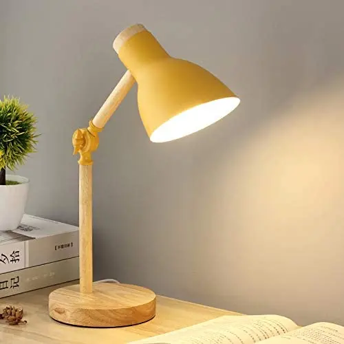LITFAD Funnel Swing Arm Task Light Modern LED Table Light Macaron Iron 1 Head and Wood Reading Lamp Bedside Lamp for Kid Room Study Room Office Reading-Eye-Caring - Yellow