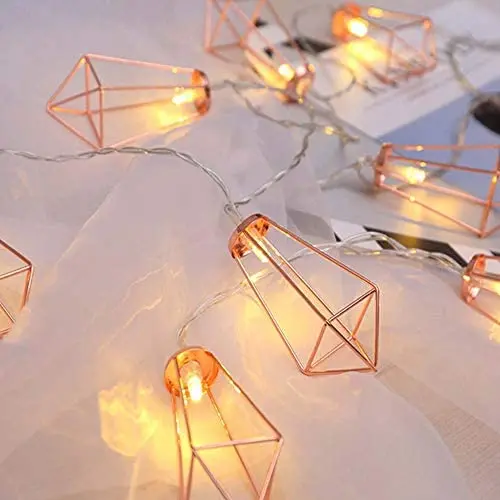 Twinkle Star 10 LED 6.6 ft Diamond String Lights Battery Operated, Geometric String Lights Warm White, Rose Gold Metal Lamps Decor for Indoor Wedding Party Bedroom Christmas