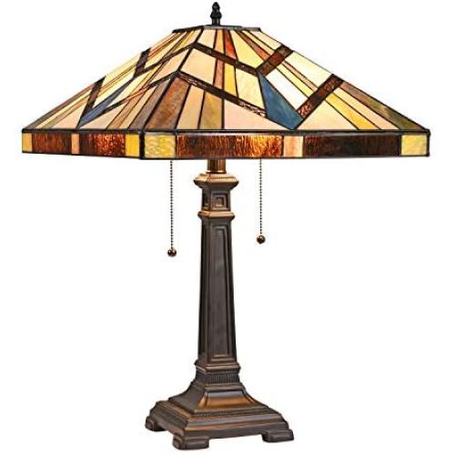 Capulina Tiffany Table Light, 2 Light Tiffany Style Table Lamp, Stained Glass Table Lamp, 16 Inches Wide Tiffany Style Desk Lamp, Mission Style Tiffany Glass Table lamp for Living Room, Bedroom